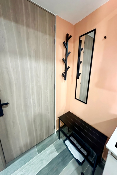 Área de entrada con perchero de diseño y espejo